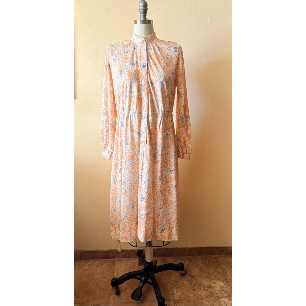 VTG 70s 80s Prairie Secretary Dress Belted Floral Midi Boho M/L - Picture 3 of 7